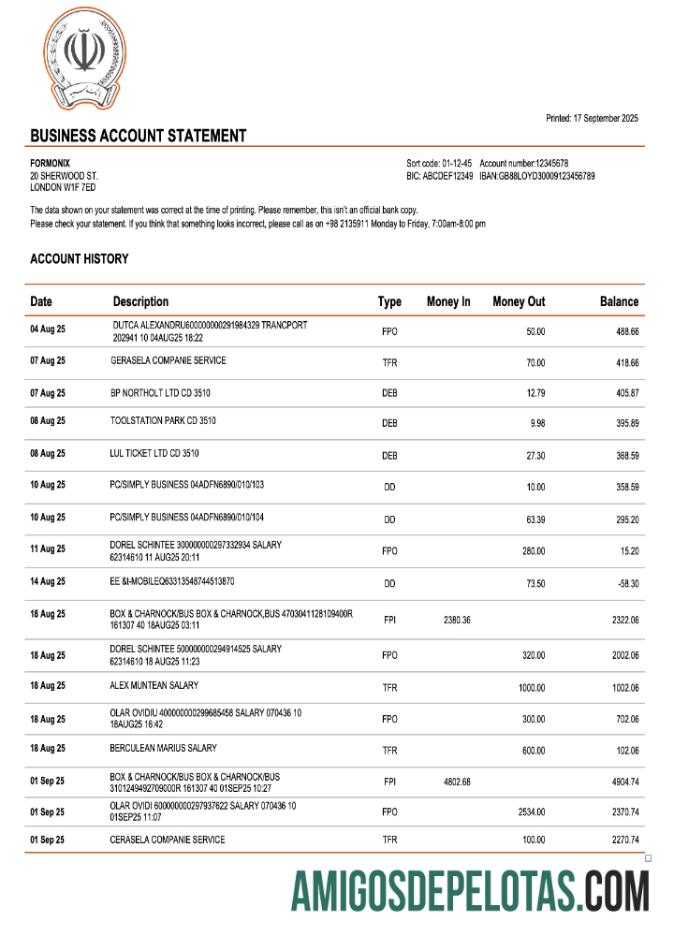 Imprimível Iran Bank Sepah Bank Enterprise modelo de extrato de conta Word e PDF
